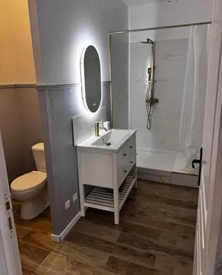 a bathroom with a sink and a shower and a toilet at Élégant T2 proche gare et centre in Miramas