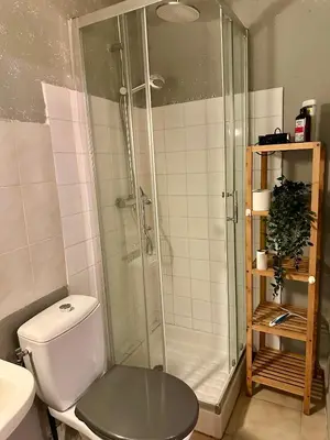 a bathroom with a toilet and a glass shower at Studio Rdc proche Quai Rouget in LʼIsle-sur-la-Sorgue