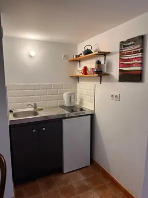 a small kitchen with a sink and a counter at Studio indépendant au calme proche d'Aix en Provence in Aix-en-Provence