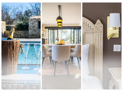 a dining room with a table and a pool at La Villa des Cedres in Bonnieux