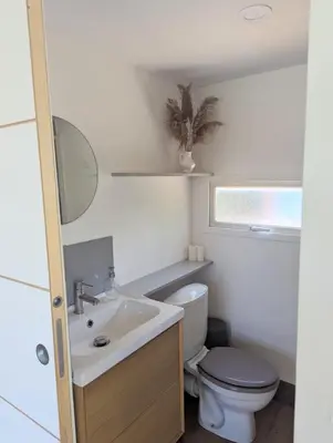 a small bathroom with a toilet and a sink at Cottage with Natural Pool in LʼIsle-sur-la-Sorgue