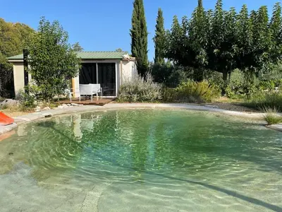 a large pool of water in front of a house at Cottage with Natural Pool in LʼIsle-sur-la-Sorgue
