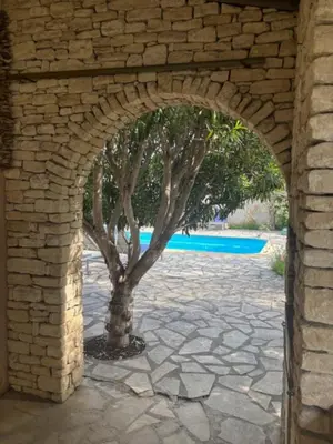 a stone archway with a tree in a courtyard at La Maison Rose in LʼIsle-sur-la-Sorgue
