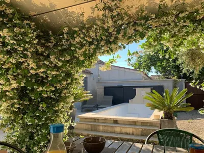 a view of a backyard with a bath tub at Mas provençal au coeur de L'Isle-sur-la-Sorgue in LʼIsle-sur-la-Sorgue