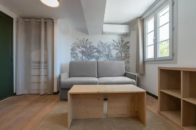 a living room with a couch and a coffee table at Studio climatisé plein centre 4eme étage in Aix-en-Provence
