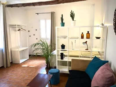 a living room with a couch and shelves with plants at Appart de charme CLIM 37m2 T1 Hôtel de ville in Aix-en-Provence