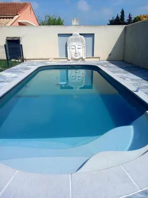 a swimming pool with a statue of a head in it at villa zen en provence in Velleron
