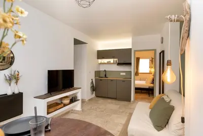 a living room with a white couch and a kitchen at Suite Vert Provence - Hypercentre - Wifi in Apt