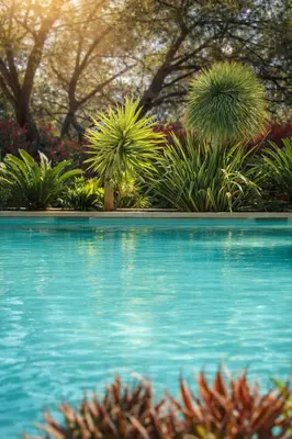 a pool of blue water with trees and plants at Bienvenue à la villa Bellavista in Pertuis