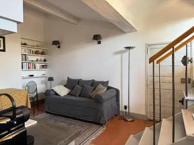 a living room with a gray couch in a room at Le Sainte-Victoire - Studio cosy avec sa jolie terrasse - Centre ville historique in Aix-en-Provence
