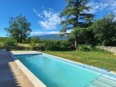 a swimming pool in a yard with a tree at Le Portail Vert in Villes-sur-Auzon