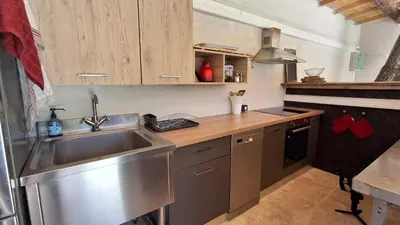 a kitchen with a stainless steel sink and a counter at Mas d'Andiol in Plan-dʼOrgon