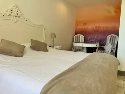 a bedroom with a bed and a table and chairs at Mas d'Andiol in Plan-dʼOrgon