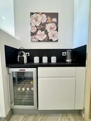 a kitchen with a counter top with an oven at Mas d'Andiol in Plan-dʼOrgon