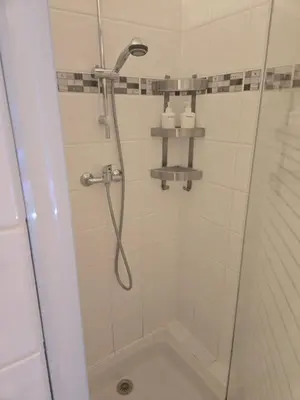 a shower with a shower head in a bathroom at Luboregard in Cheval-Blanc