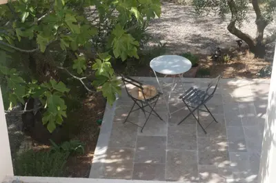 a patio with a table and two chairs and a table at Sous le figuier in La Roque-sur-Pernes