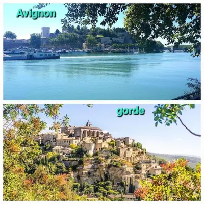 two pictures of a town on a hill next to a river at Maison de village rénovée au pied des alpilles in Mollégès