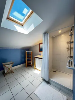 a large bathroom with a skylight and a shower at La Provençale - Piscine - Chambres climatisées in Aubignan