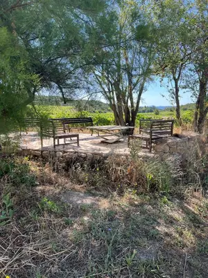 a group of benches sitting under a tree at Grande Villa dans le Parc du Luberon in Beaumont-de-Pertuis