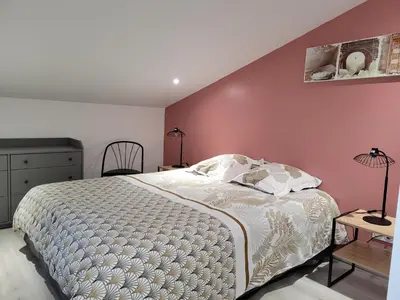 a bedroom with a bed and a pink wall at Gîte Chrysalide du Luberon in Cheval-Blanc