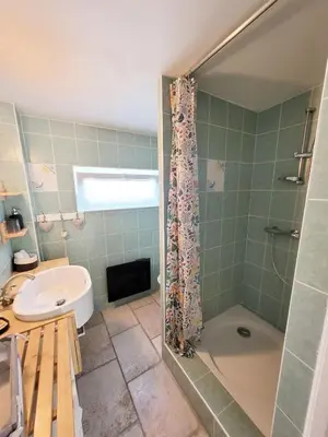 a bathroom with a shower and a sink at Les Lavandières in Velleron