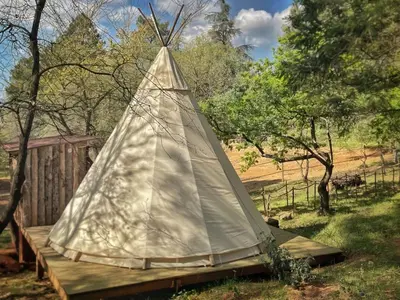 a teepee sitting on a wooden table in a field at Tipi à Roussillon in Roussillon