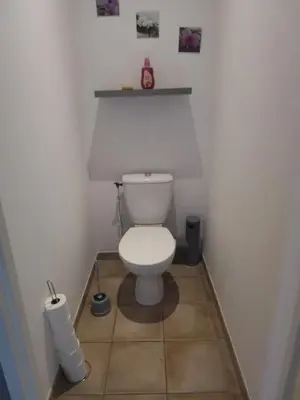 a bathroom with a white toilet in a room at Ventoux beautiful quiet house in Saint-Christol