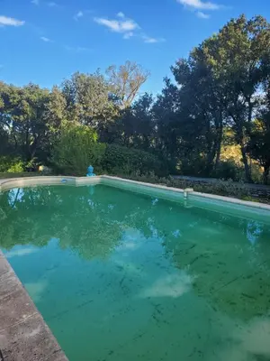 a swimming pool with clear blue water and trees at La Bonne Adresse - Gite ZENITUDE in Cornillon-Confoux