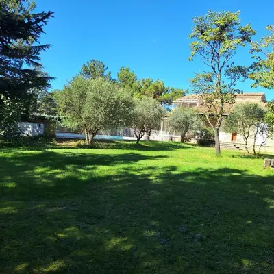 a green park with trees and a bench in the grass at Villa Provençale avec piscine in Pernes-les-Fontaines