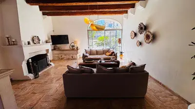 a living room with a couch and a fireplace at Le Beldi, Mas de Village 1870 in Saint-Saturnin-lès-Avignon
