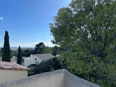 a group of trees with a bench in the middle at Maisonnette de charme dans domaine naturiste au pied du Mont Ventoux ! in Bédoin