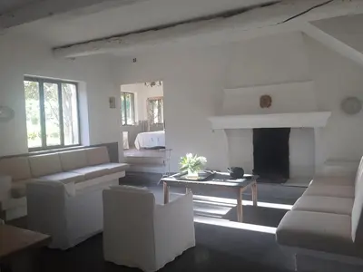 a living room with white furniture and a fireplace at La Grande Bastide in Vaugines