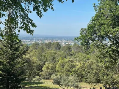 a view of the city from a forest of trees at Gîte 33 ha Piscine Activités Vue in Saumane-de-Vaucluse