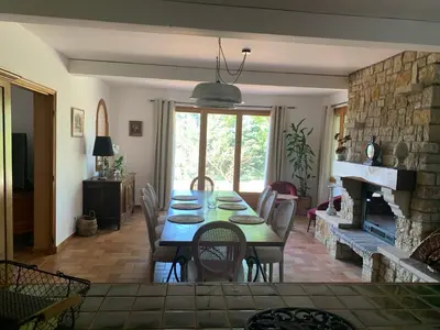a dining room with a table and a fireplace at Villa CHATEAU SAINTE BARBE in Loriol-du-Comtat