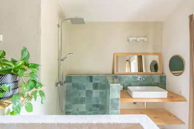 a bathroom with a sink and a shower at Mas provençal, entre vignes et oliviers in Lambesc