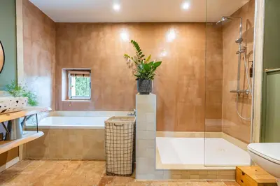 a bathroom with a tub and a shower and a toilet at Mas provençal, entre vignes et oliviers in Lambesc