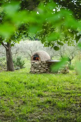 a stone oven in a field with a tree at Mas provençal, entre vignes et oliviers in Lambesc