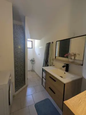 a bathroom with a sink and a mirror and a shower at Gîte The Butterfly - 1 bedroom and mezzanine in Monteux