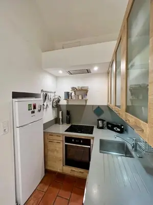 a kitchen with a white refrigerator and a sink at Villa climatisée avec piscine in Gordes