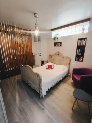 a bedroom with a bed and a couch at Chez Nine, chambre indépendante avec terrasse in Sénas