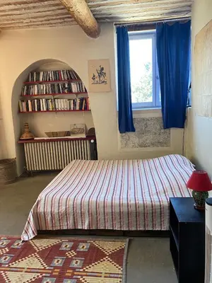 a bedroom with a bed and a shelf with books at La Maison Rose I Maison de village familiale in Lagnes