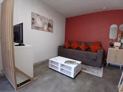 a living room with a couch and a coffee table at Studio cozy au coeur du village - Wifi - Netflix in Monteux