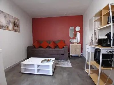 a living room with a couch and a red wall at Studio cozy au coeur du village - Wifi - Netflix in Monteux