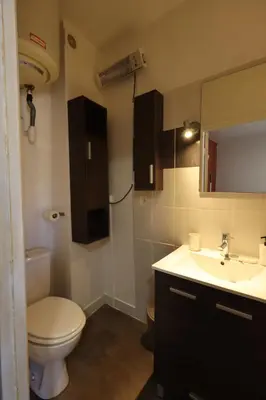 a bathroom with a toilet and a sink and a mirror at Studio cozy au coeur du village - Wifi - Netflix in Monteux