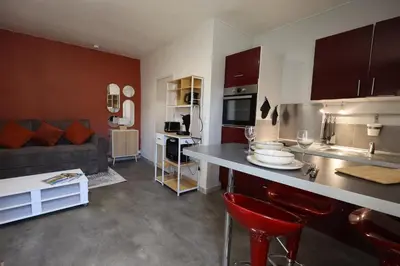 a kitchen and living room with a table and a couch at Studio cozy au coeur du village - Wifi - Netflix in Monteux
