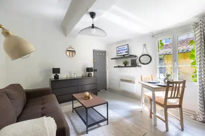 a living room with a couch and a table at Le Mirabeau - Hypercenter studio - Wifi - Train station in Aix-en-Provence