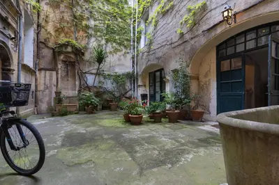 a bike parked in front of a building with potted plants at Le Mirabeau - Hypercenter studio - Wifi - Train station in Aix-en-Provence