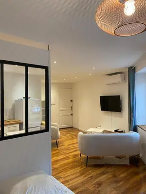 a living room with a bed and a couch and a television at Studio Cosy in Pélissanne