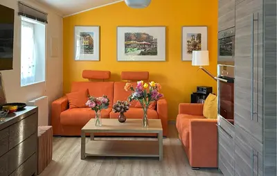 a living room with an orange couch and flowers on a table at Lovely Home In St Cannat in Saint-Cannat