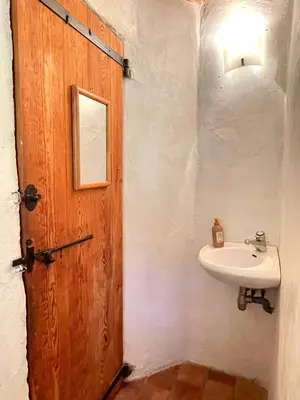 a bathroom with a wooden door and a sink at Maison paisible au coeur du Luberon in Bonnieux
